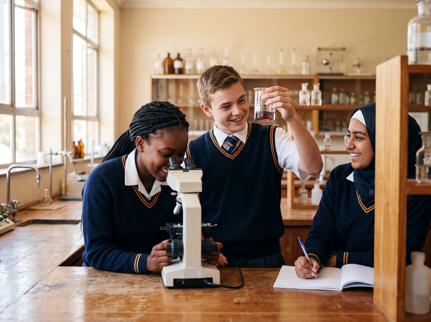 Students using a microscope and lab glassware in a South African school science lab