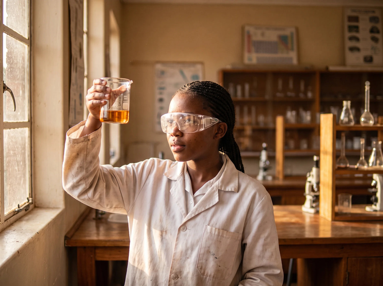 Student examining a beaker of liquid in a school science laboratory