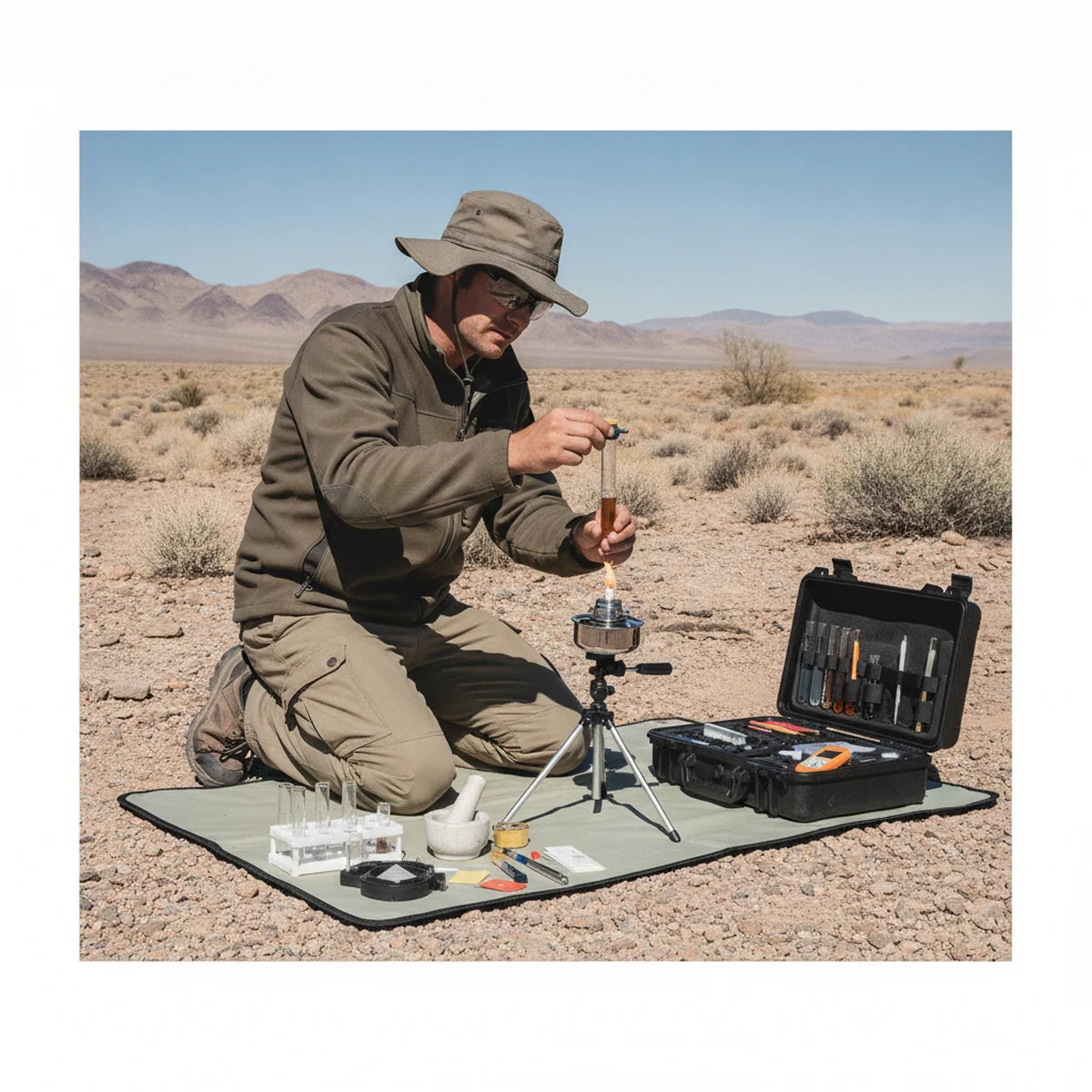 Field researcher using a portable spirit lamp outdoors