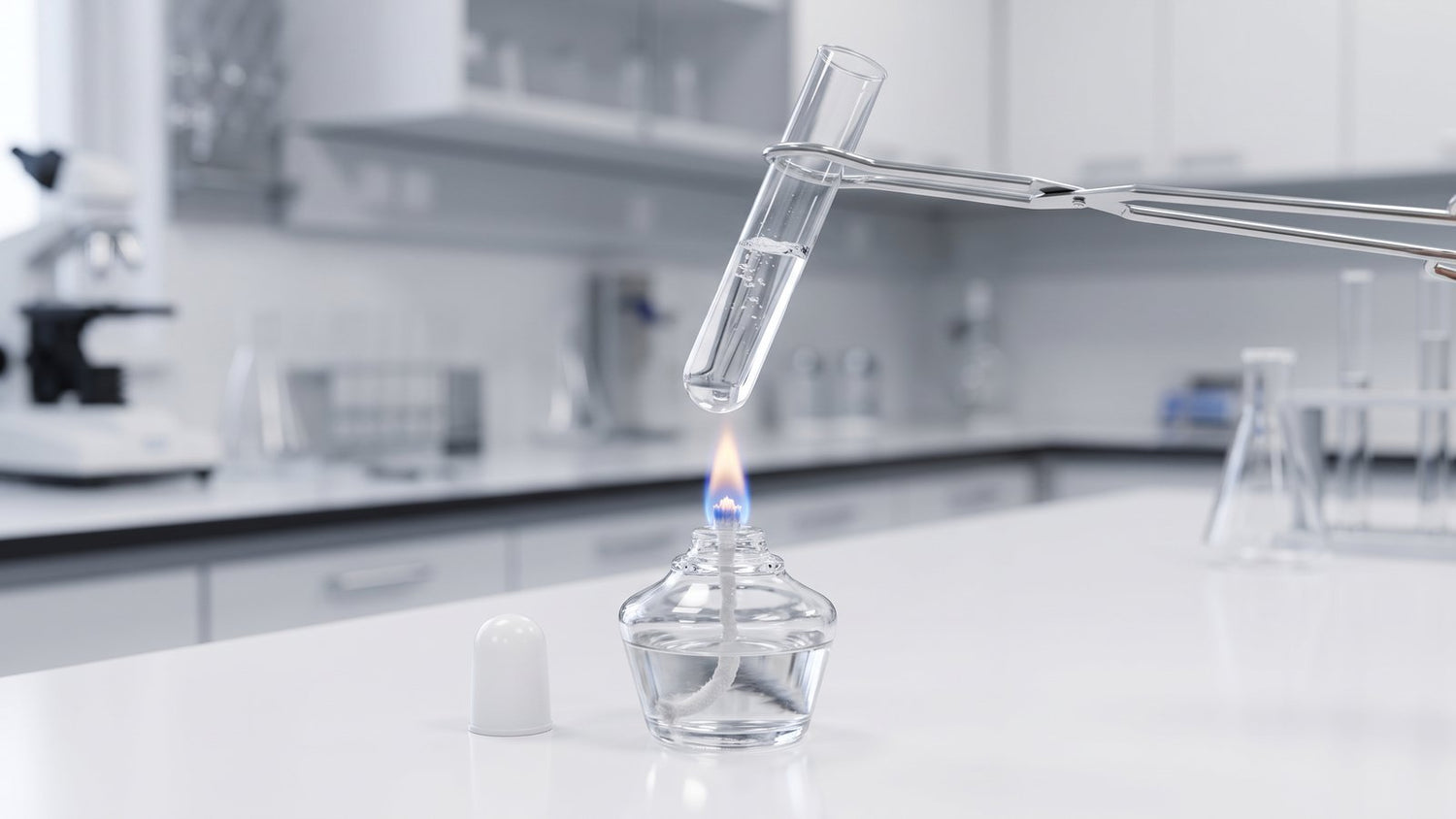 Glass alcohol spirit lamp heating a test tube held above it
