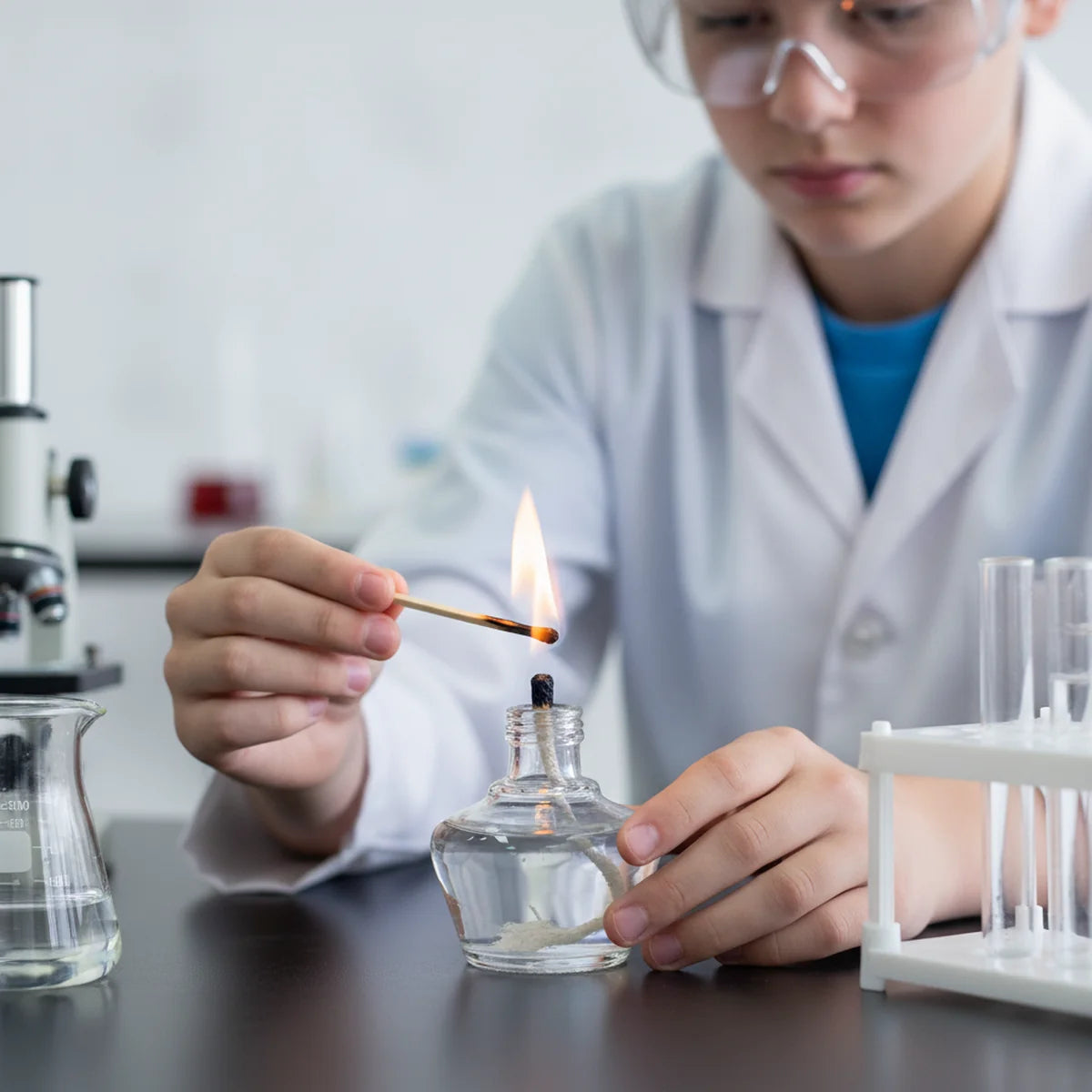 Student lighting a glass alcohol spirit lamp with a match