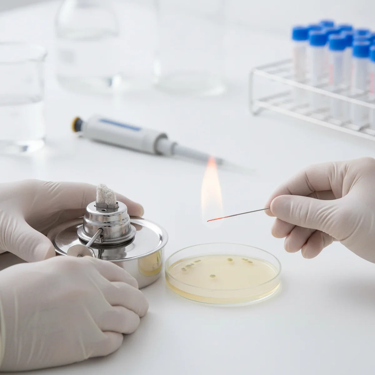 Sterilising an inoculation loop over a spirit lamp flame