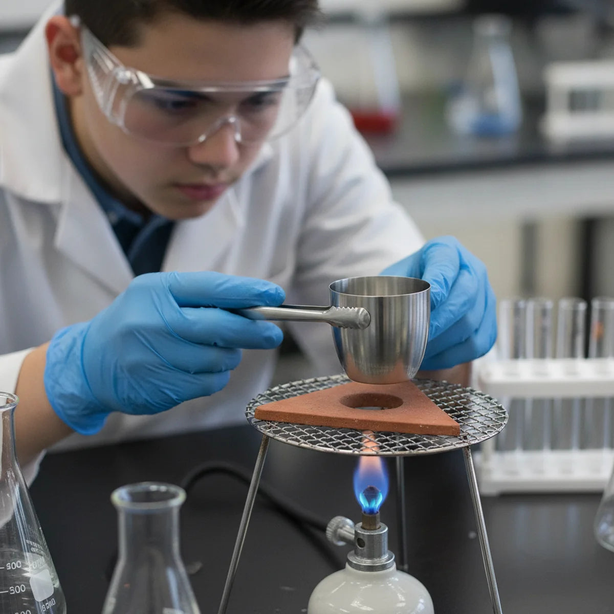 Student using stainless steel crucible in classroom