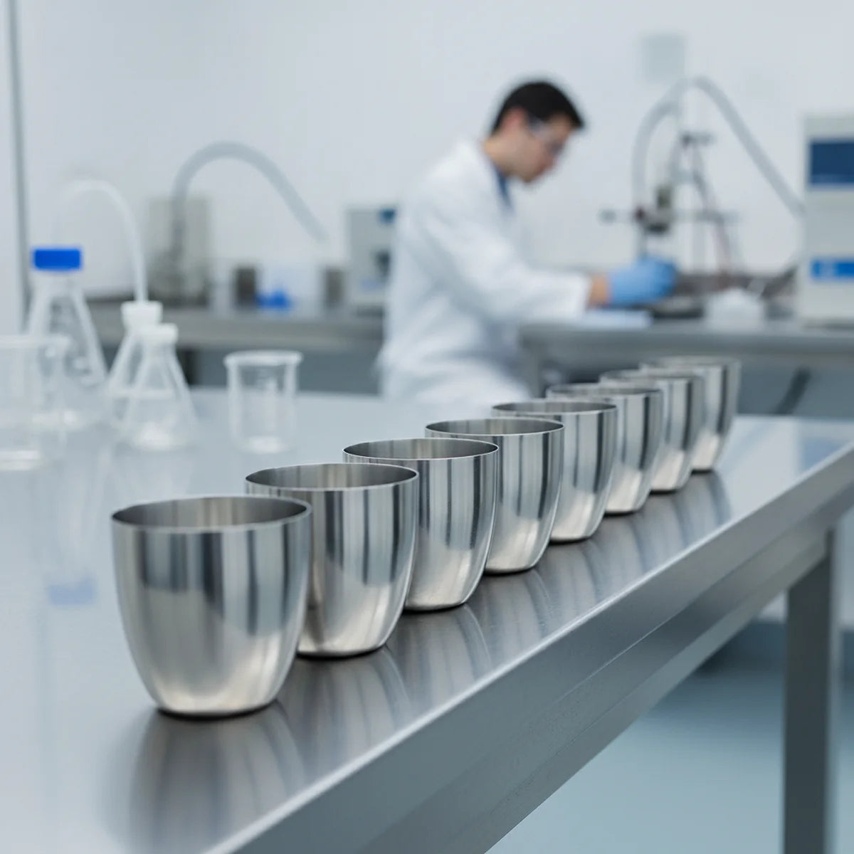 Stainless steel crucibles in industrial lab