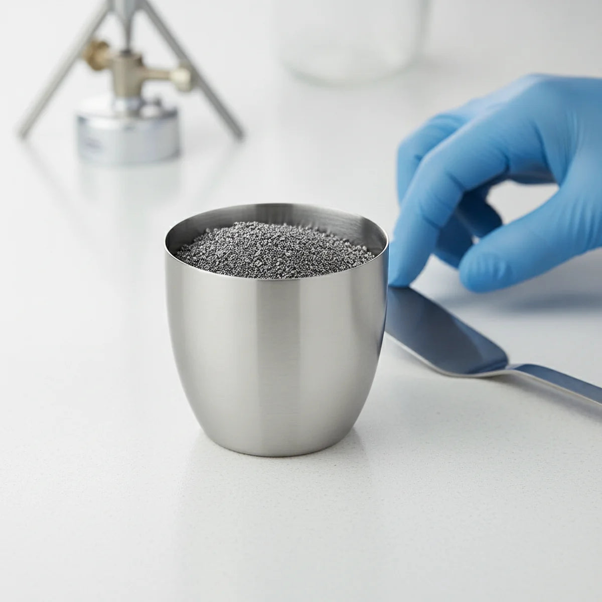 Stainless steel crucible holding metal filings