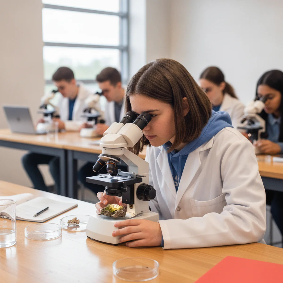 Student examining a specimen with a stereo microscope in a classroom