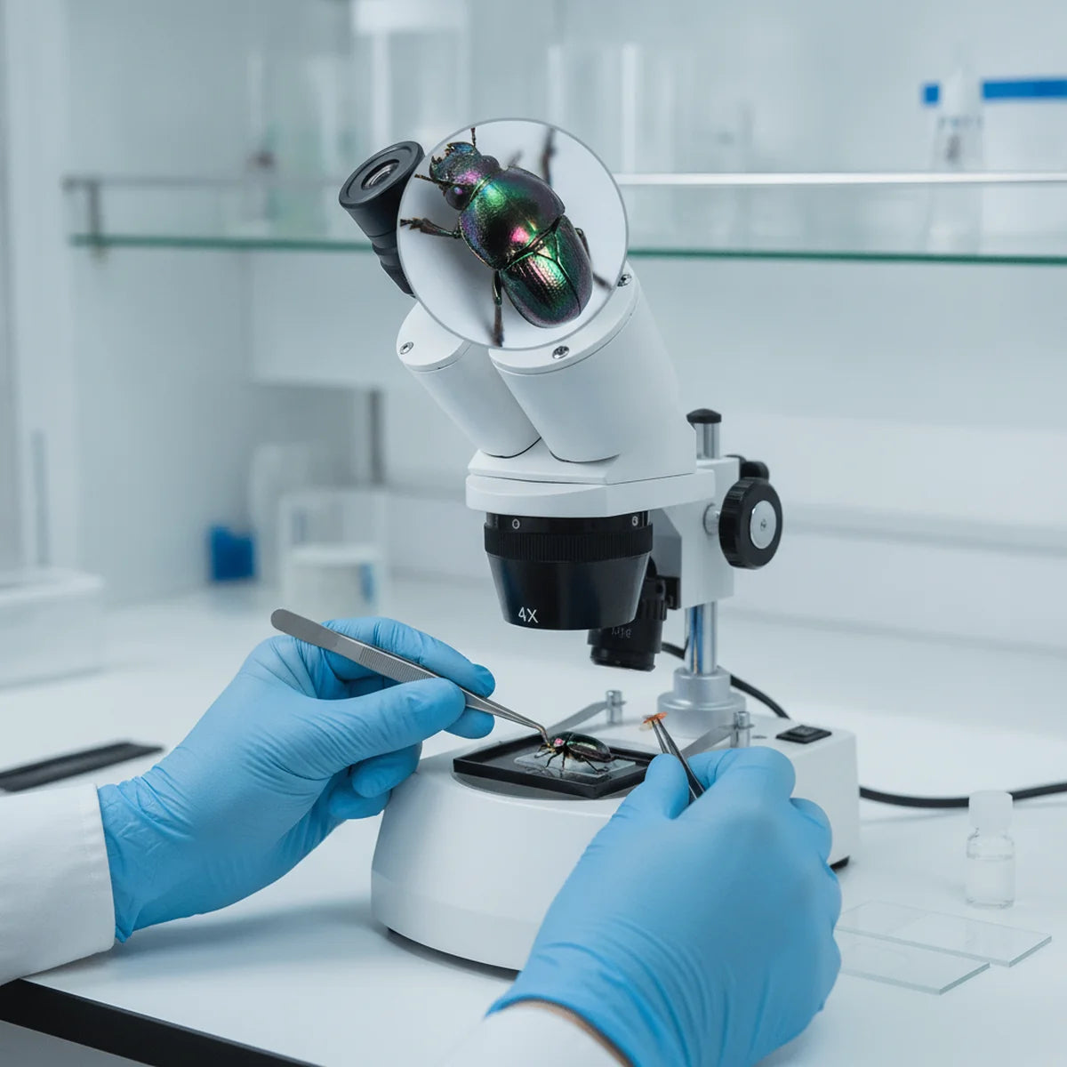 Hands using tweezers to dissect a specimen under a stereo microscope