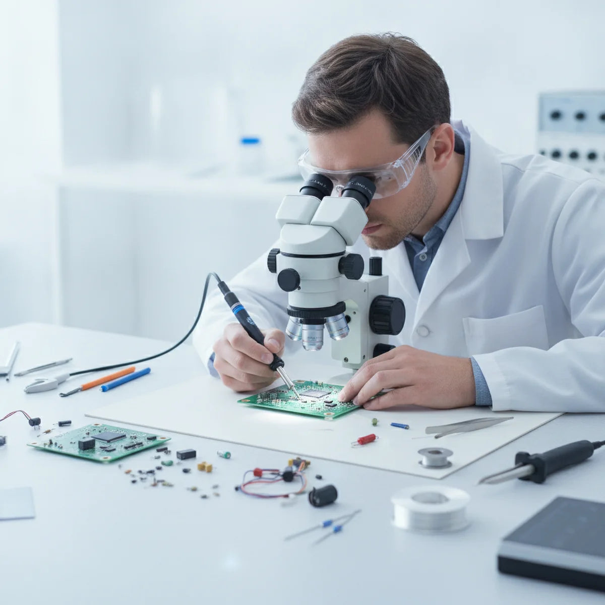 Technician soldering a circuit board under a stereo microscope