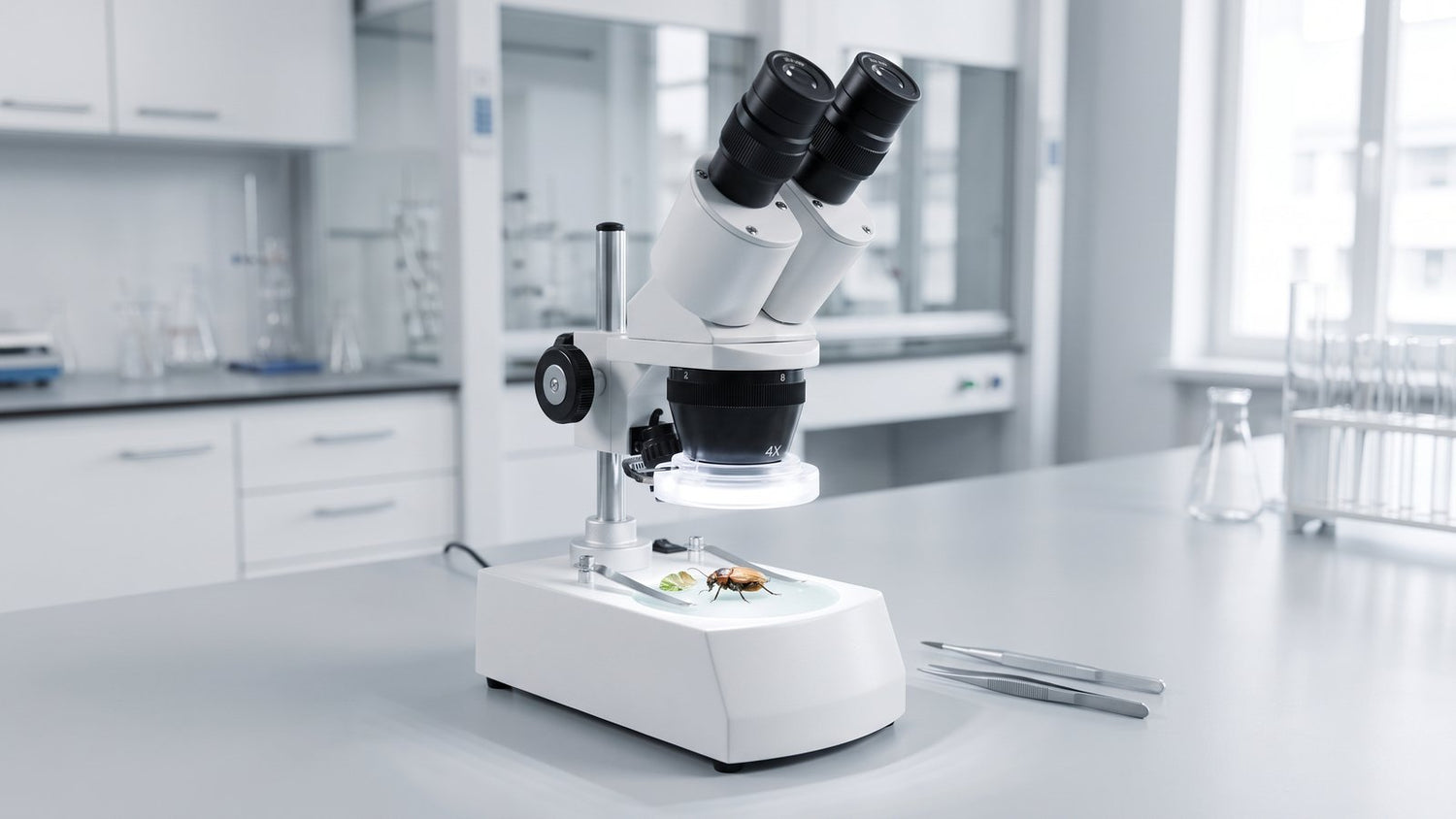 Stereo microscope dissecting a specimen on lab bench