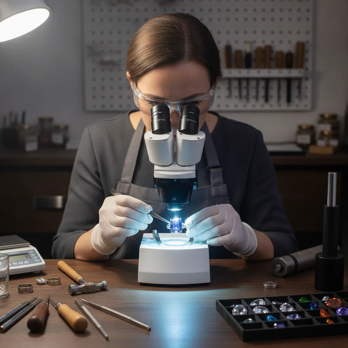 Jeweller inspecting a gemstone under a stereo microscope