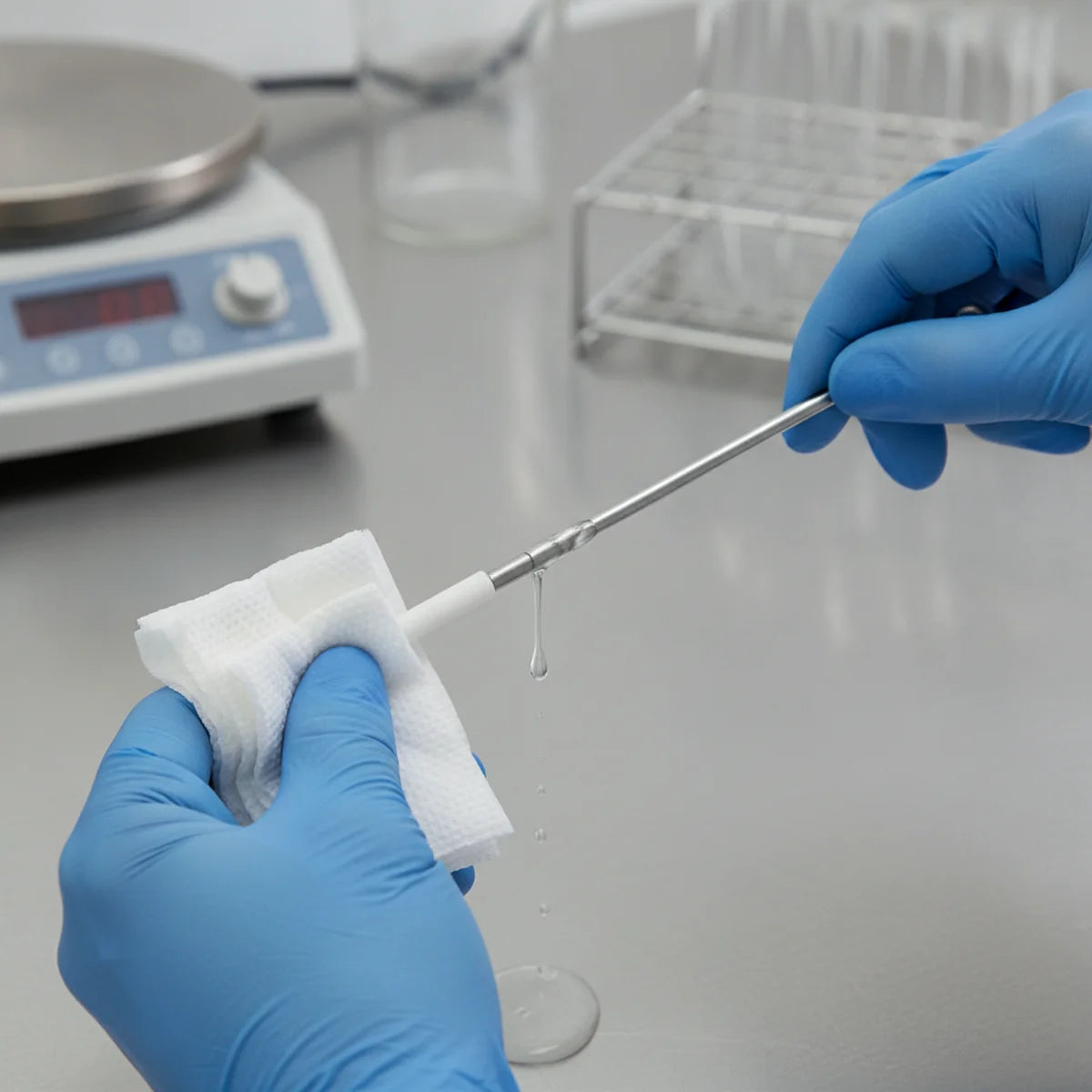 Wiping a retrieved stir bar clean after use