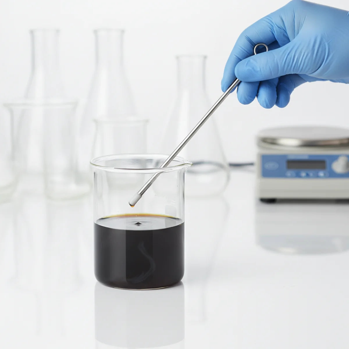 Retrieving a stir bar from a beaker of dark liquid