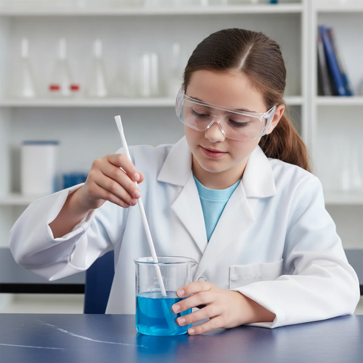Student safely using an unbreakable plastic stirring rod in class