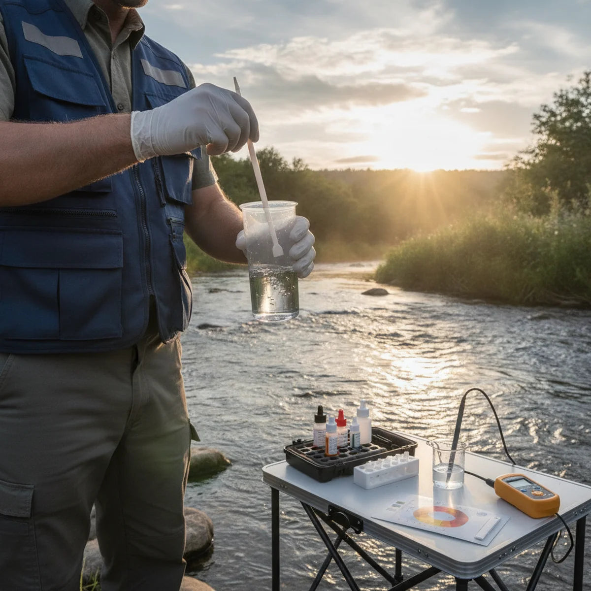 Field technician using a plastic stirring rod for water sample testing