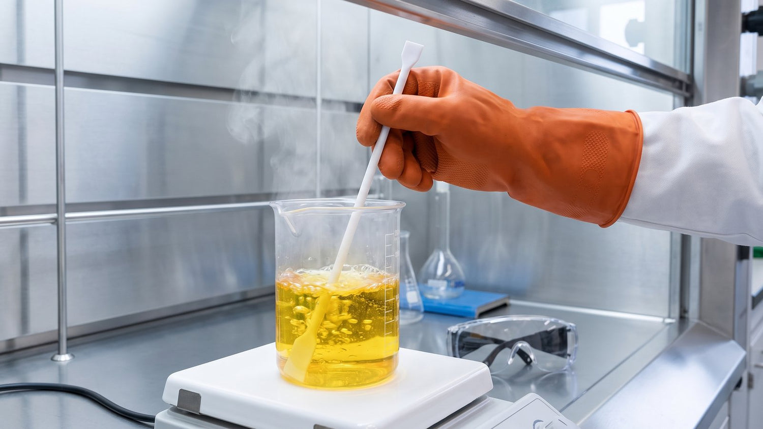Using a polypropylene stirring rod to mix a corrosive solution