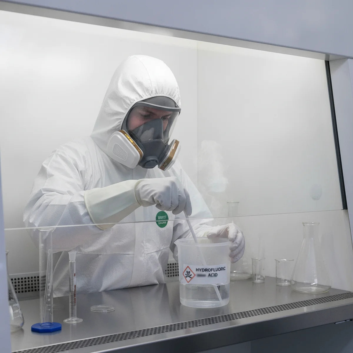 Using a plastic stirring rod with hydrofluoric acid in a fume hood