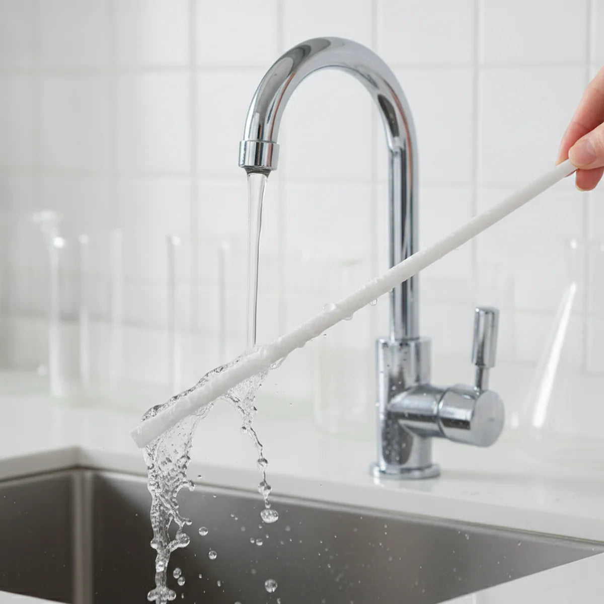 Rinsing a polypropylene stirring rod clean under a tap
