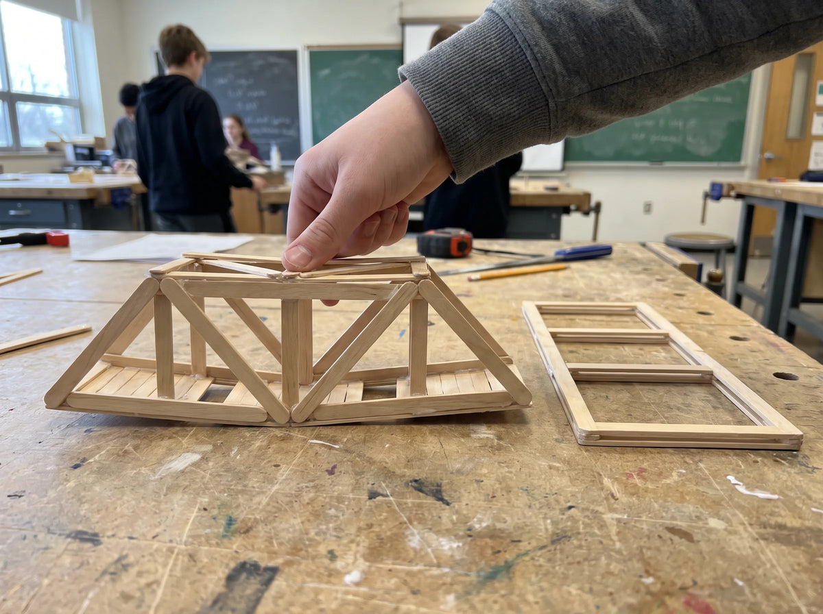 Wooden truss bridge models being compared on a workbench