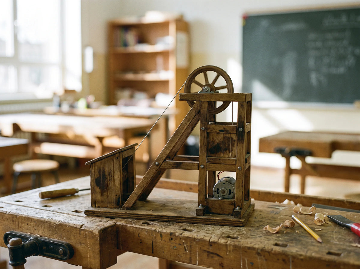 A wooden model of mine shaft headgear with a winding wheel on a workshop bench