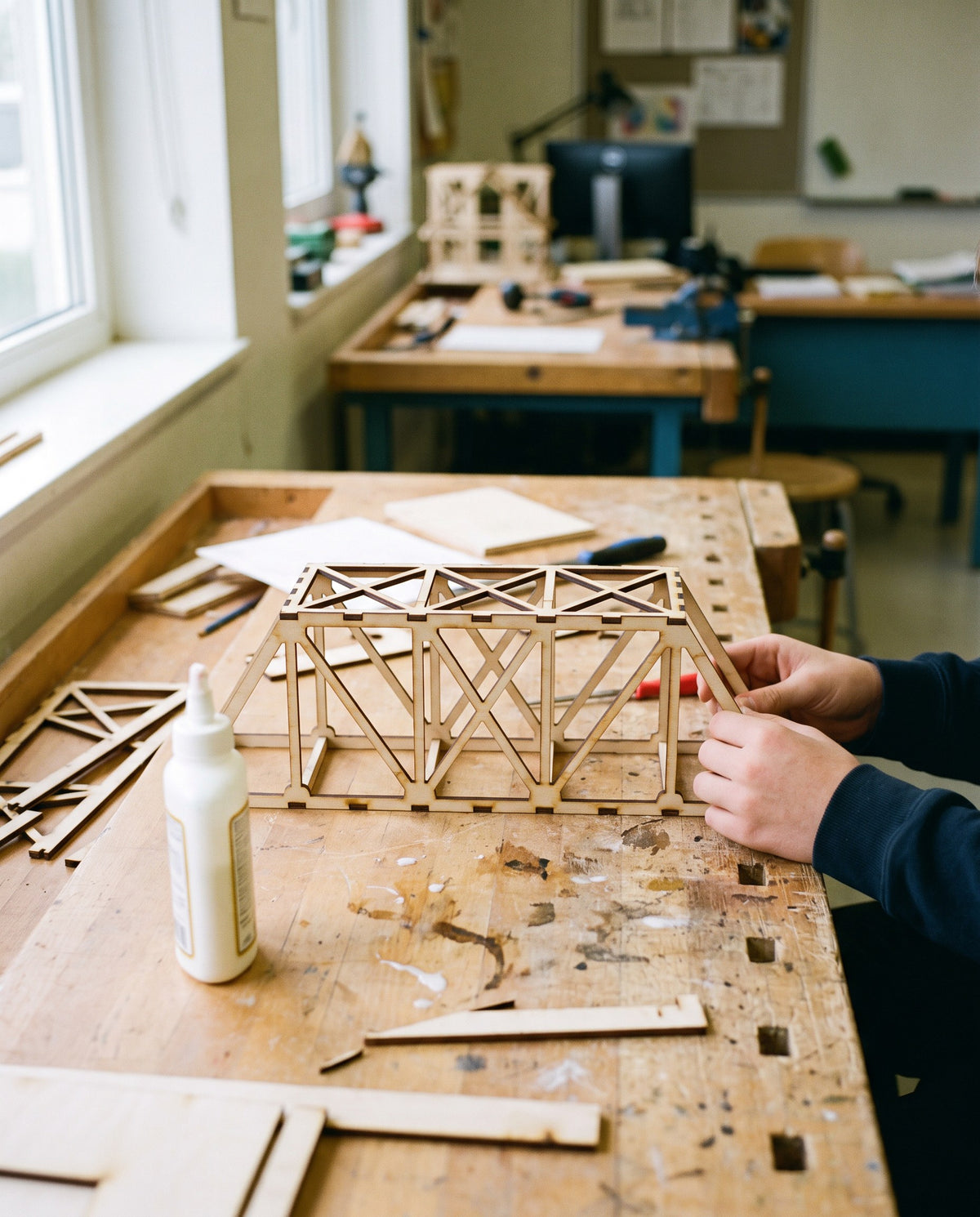 A learner gluing thin wooden strips together to build a truss bridge model