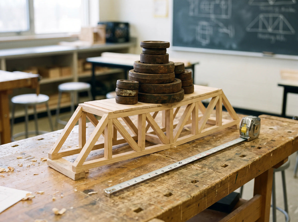 A wooden truss bridge model supporting a stack of heavy weights for a load test