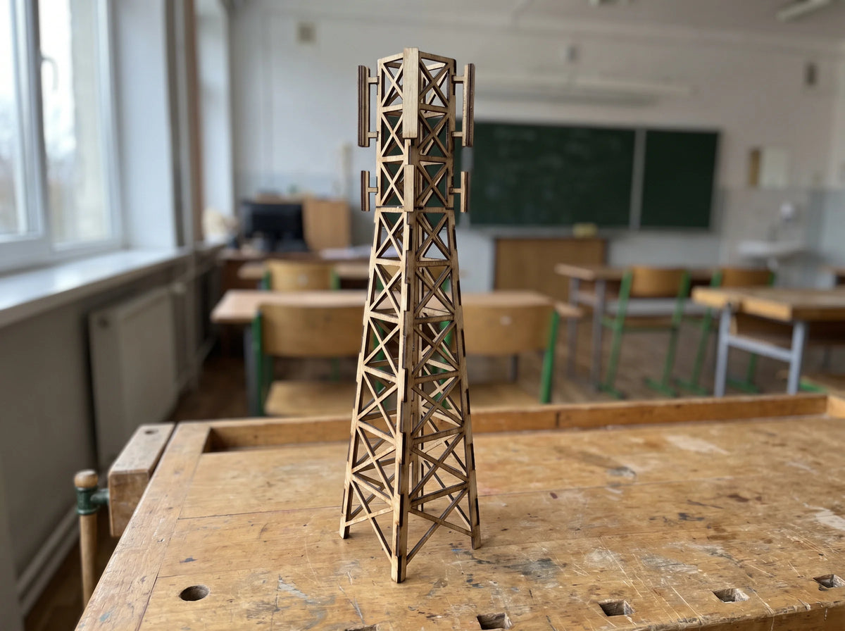 A wooden lattice tower model on a classroom workbench