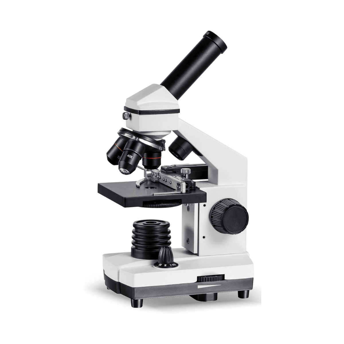 Monocular student microscope with 360 degree rotating head, three objectives and mechanical stage with vernier scales