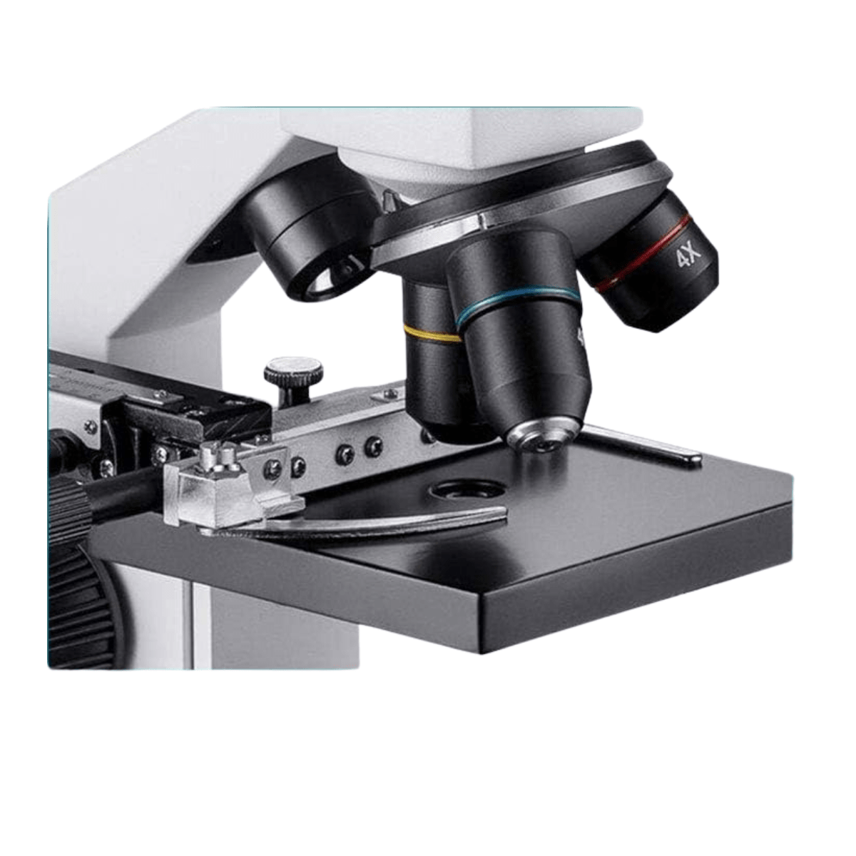 Close-up of the 4x objective above a mechanical stage holding a glass slide
