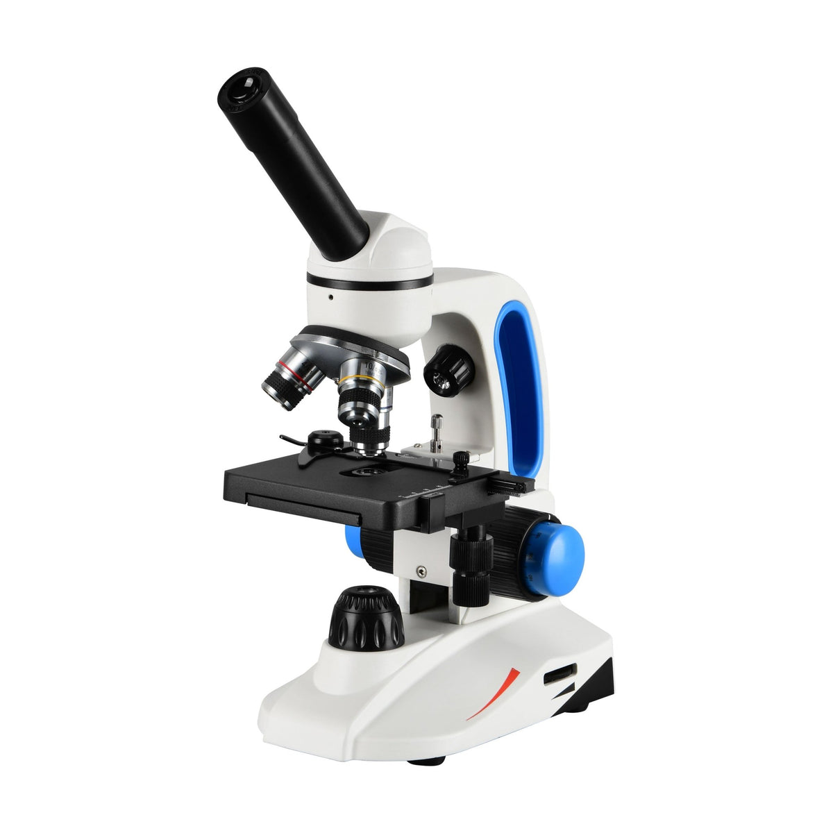 White monocular student microscope with blue carry handle, mechanical stage and blue focus knobs