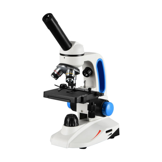 White monocular student microscope with blue carry handle, mechanical stage and blue focus knobs