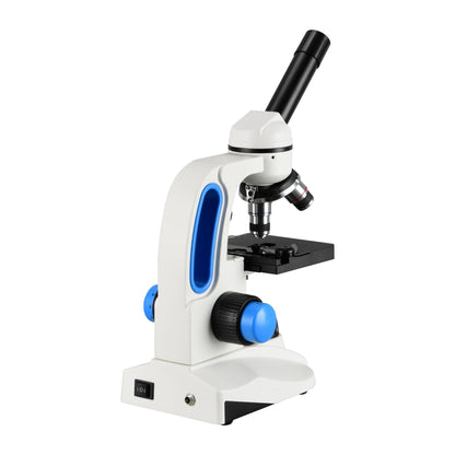 Rear view of a student microscope showing the carry handle, power switch and adapter socket
