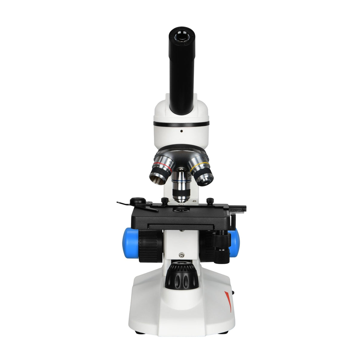 Front view of a monocular student microscope with three objectives, mechanical stage and bottom LED light