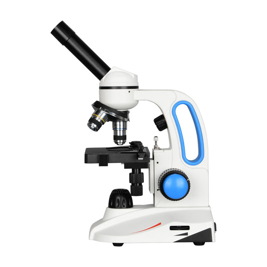 Side view of a monocular student microscope showing the built-in blue carry handle and coarse focus knob