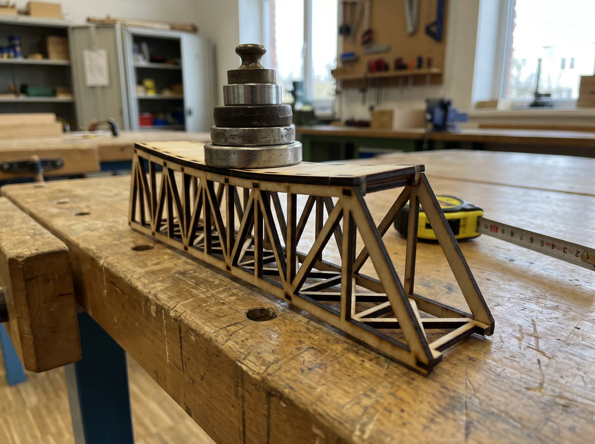 Weights loaded on a wooden truss bridge model to test it