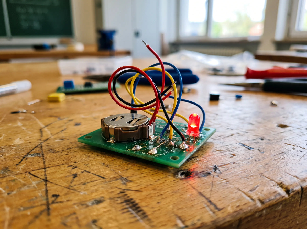 A circuit board with coloured wires and lit indicator lamps