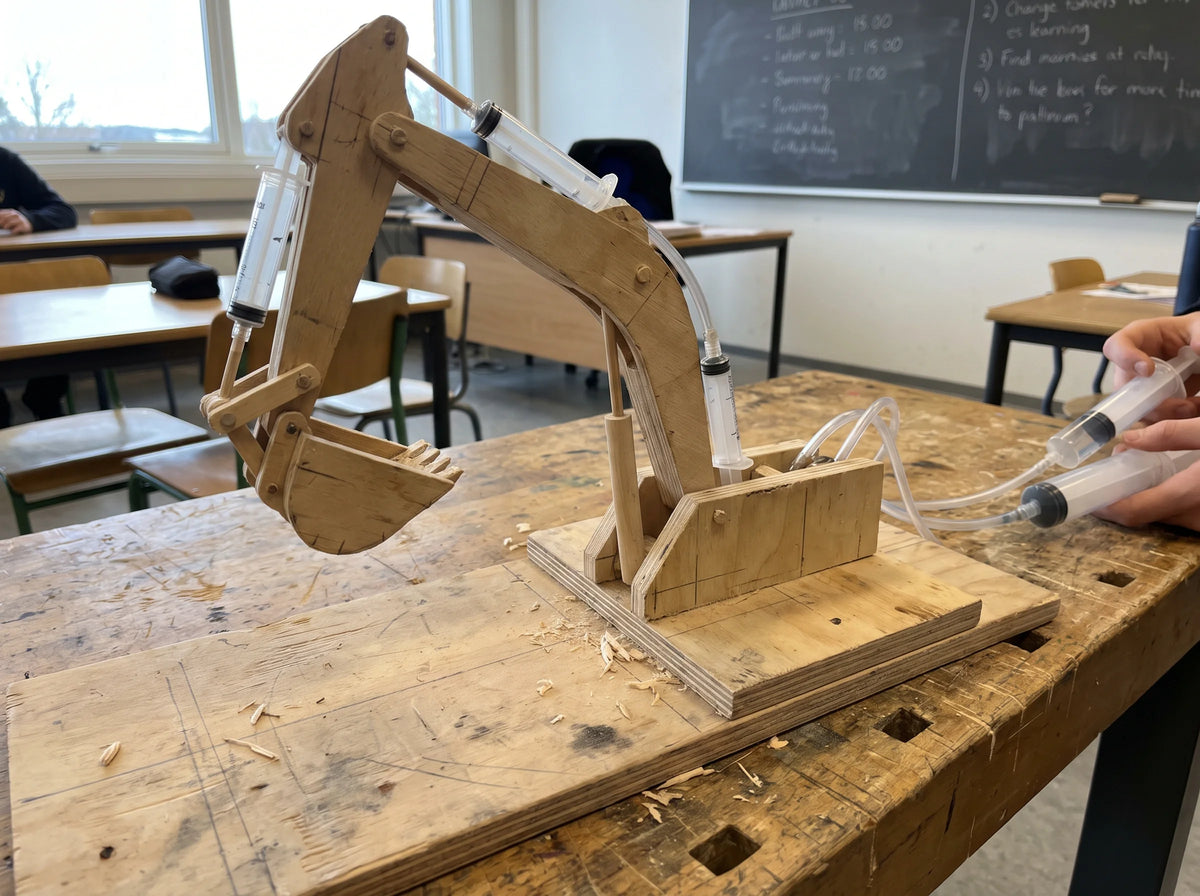 A wooden model excavator arm on a classroom workbench