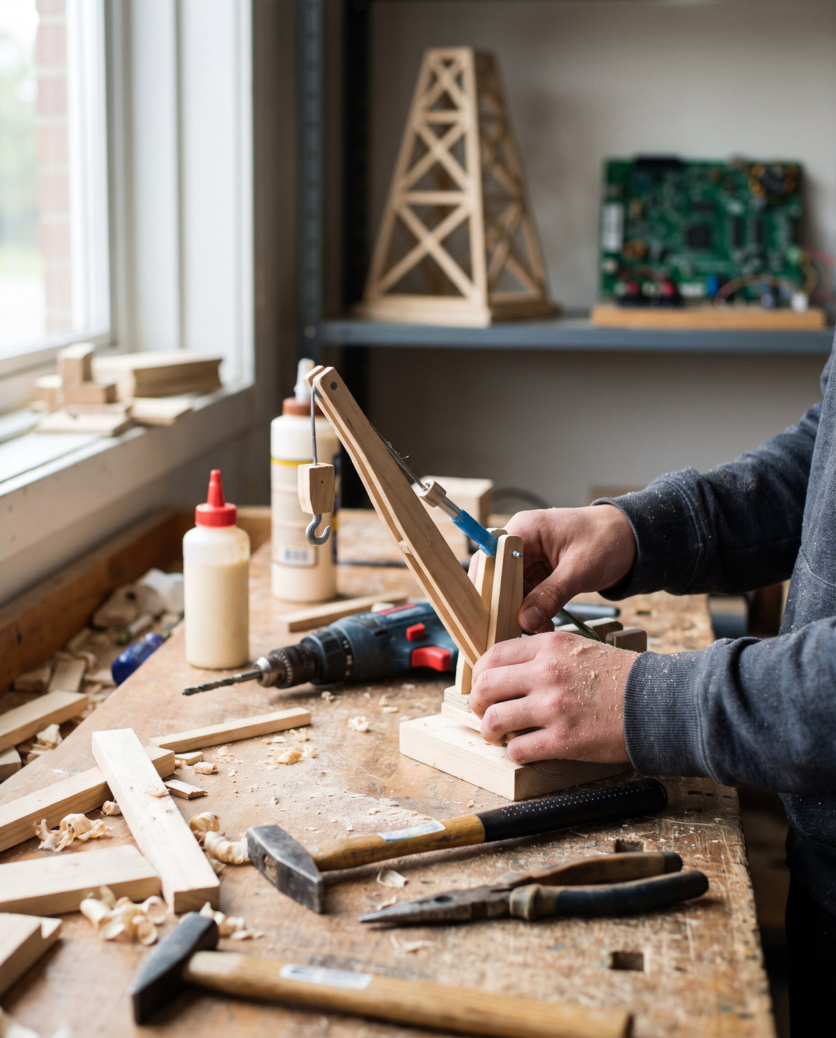 A learner assembling a wooden crane model with a drill and hand tools on a workbench