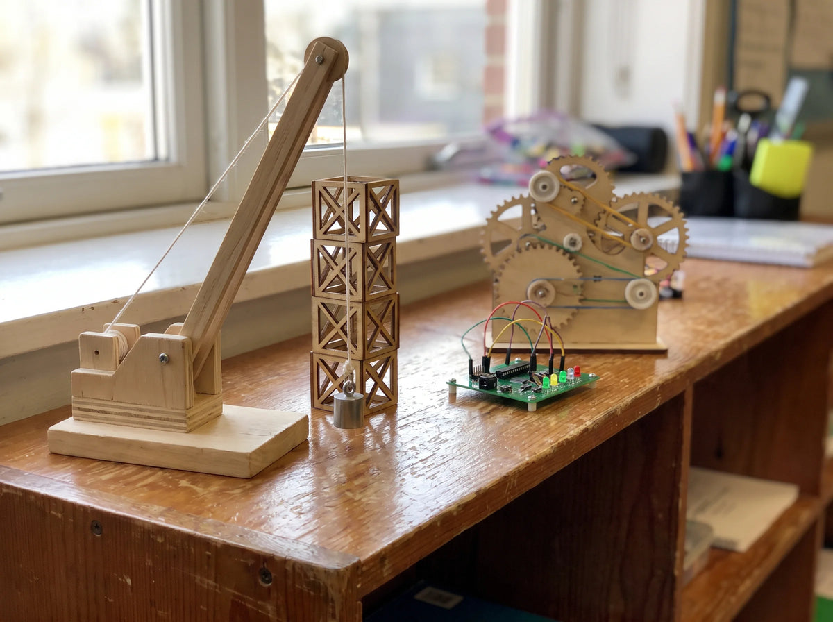 Finished wooden crane, tower and gear mechanism models on a classroom desk by a window