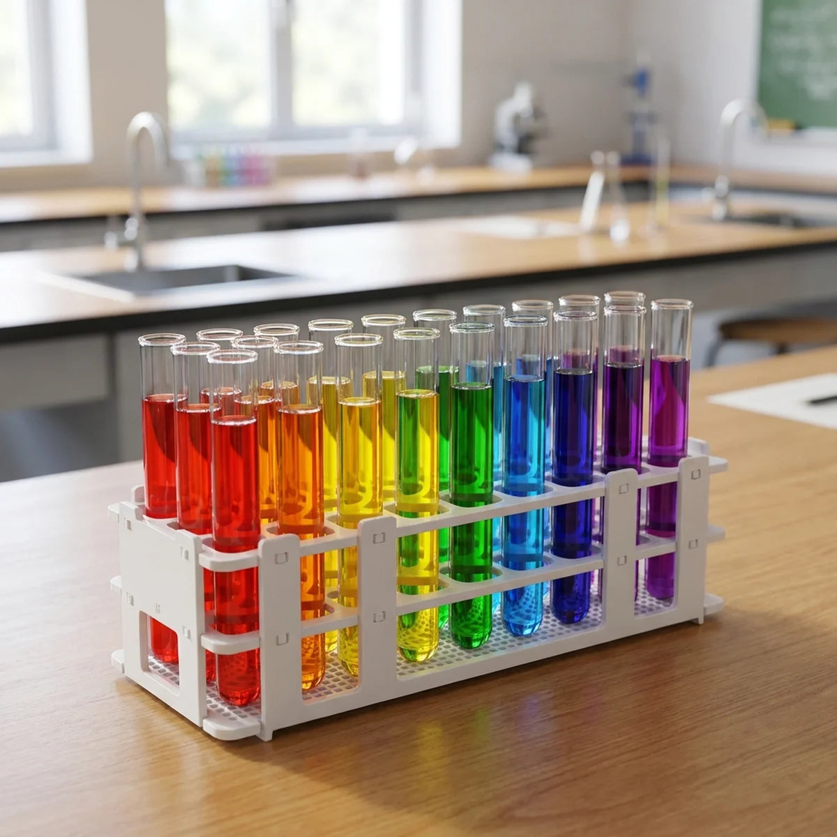 Test tubes with colourful solutions in a rack