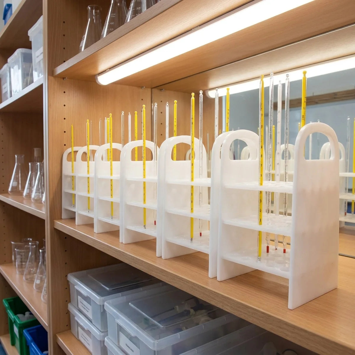 Thermometer stands stored on a shelf