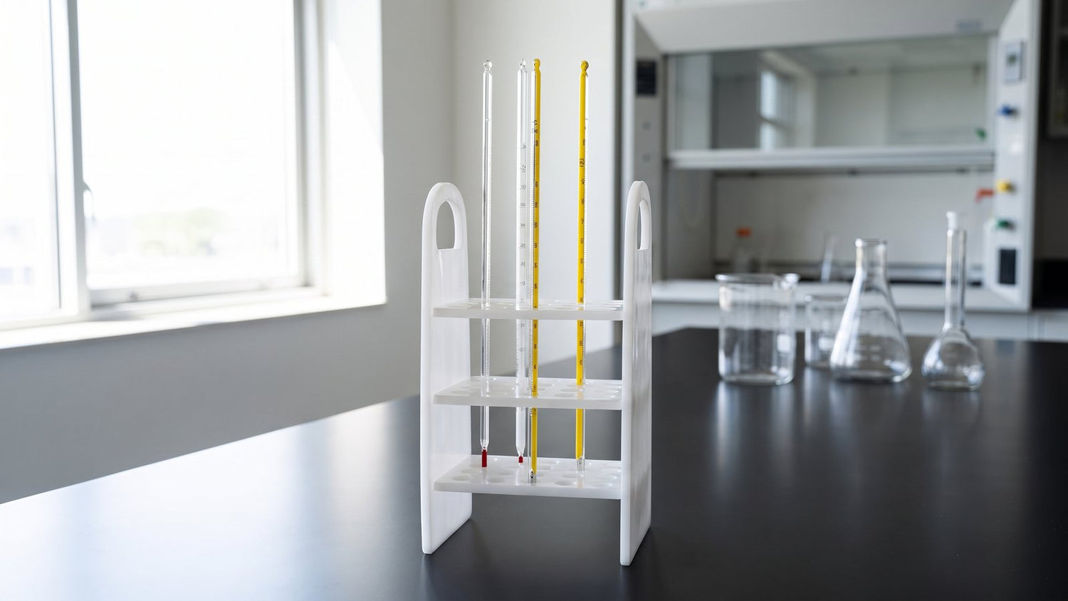 Thermometer stand with thermometers on lab bench