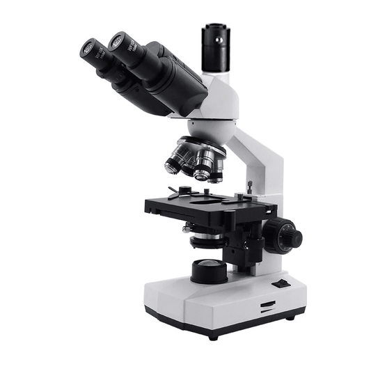 Trinocular compound microscope with twin eyepieces, camera port, four objectives and mechanical stage
