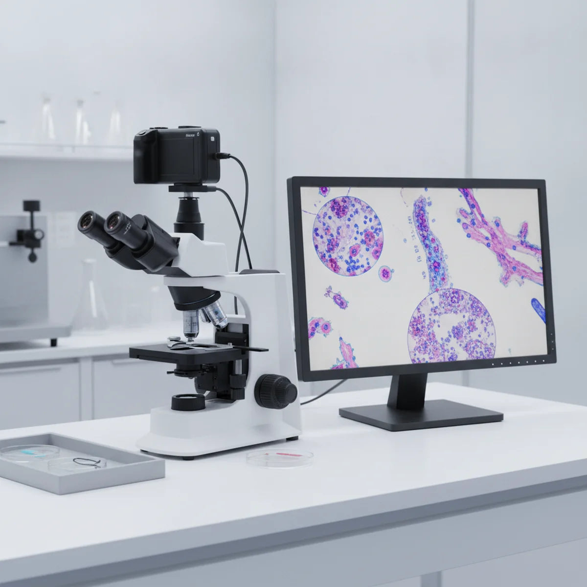Camera mounted on trinocular microscope capturing image to monitor