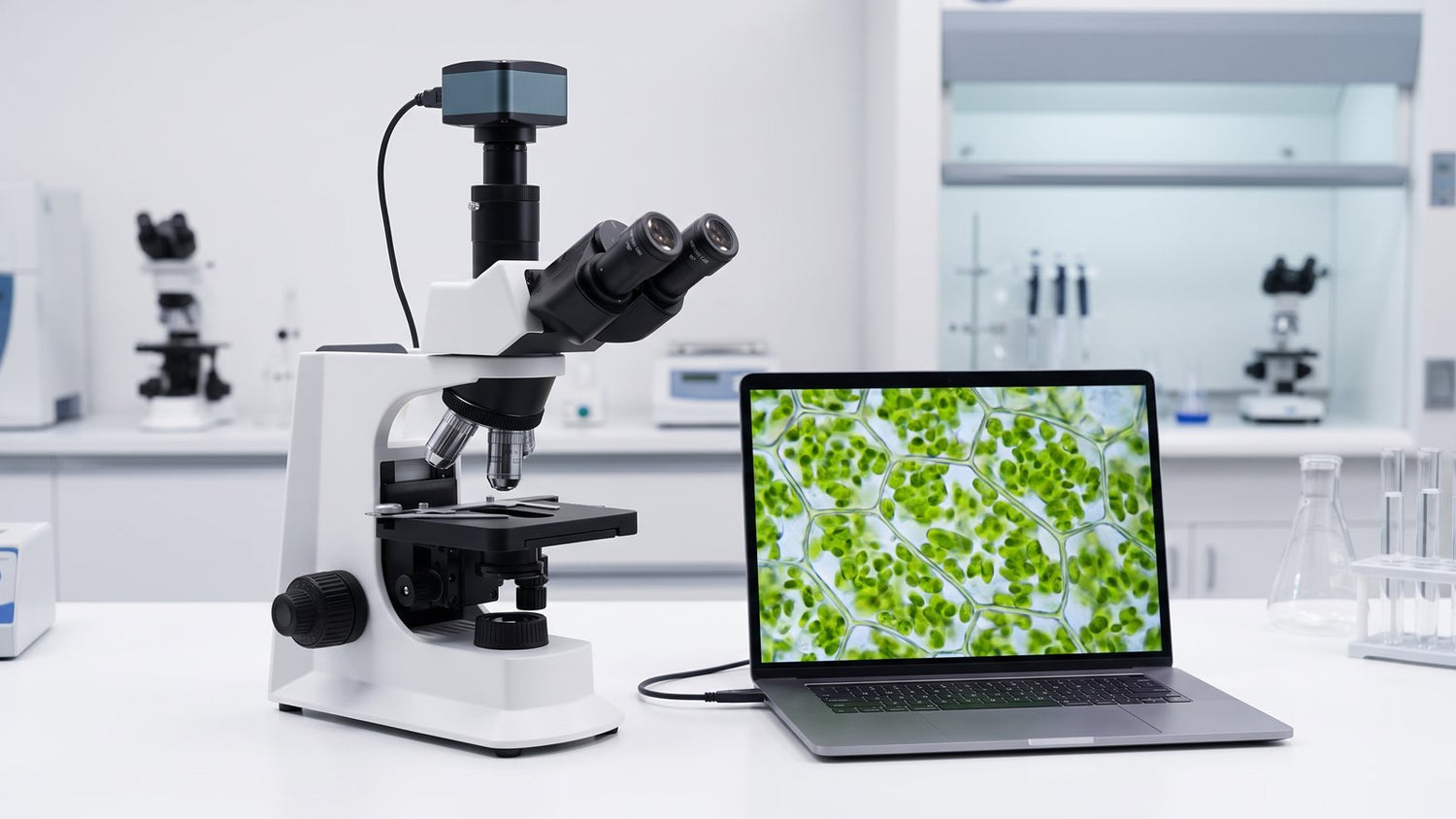 Trinocular microscope with camera and laptop display