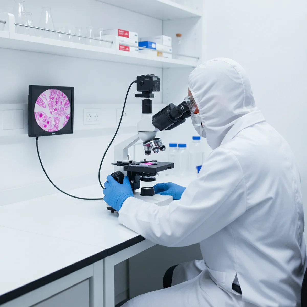 Researcher using trinocular microscope with camera for pathology documentation