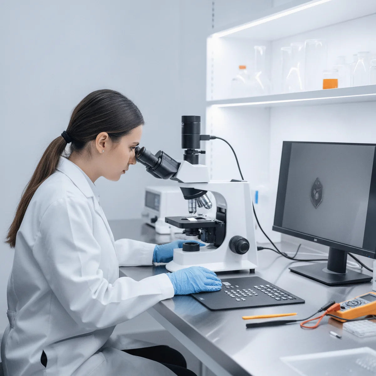 Technician using trinocular microscope for quality control inspection