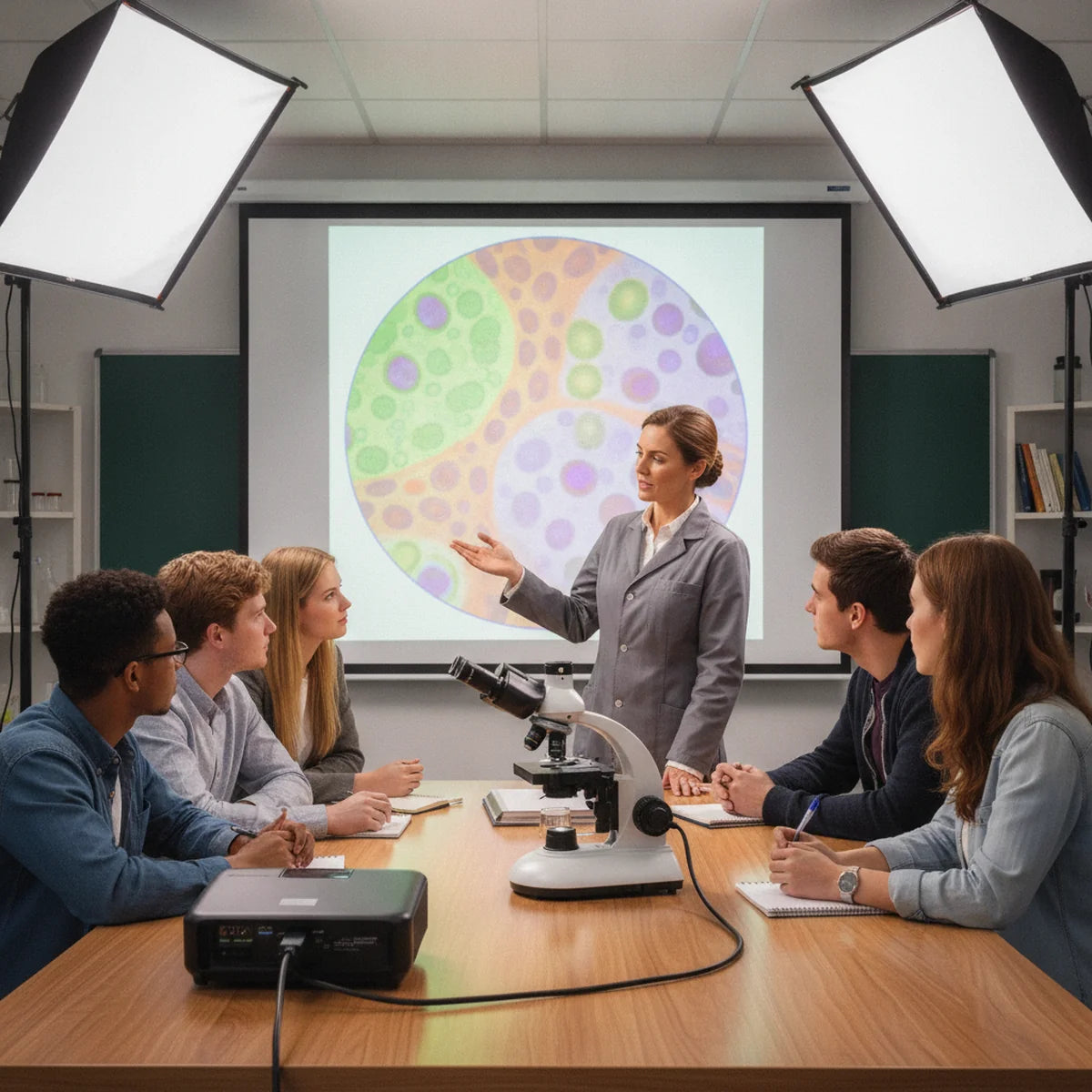Teacher using trinocular microscope with projector for classroom teaching