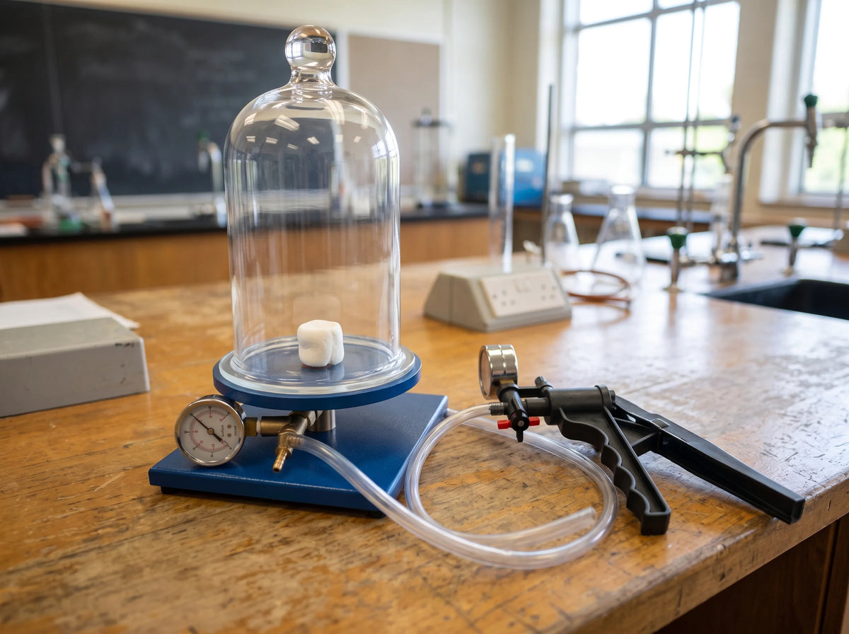 Bell jar pressure demonstration with hand vacuum pump
