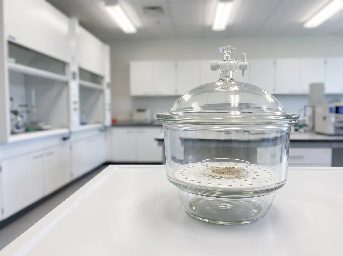 A glass vacuum desiccator on a laboratory bench