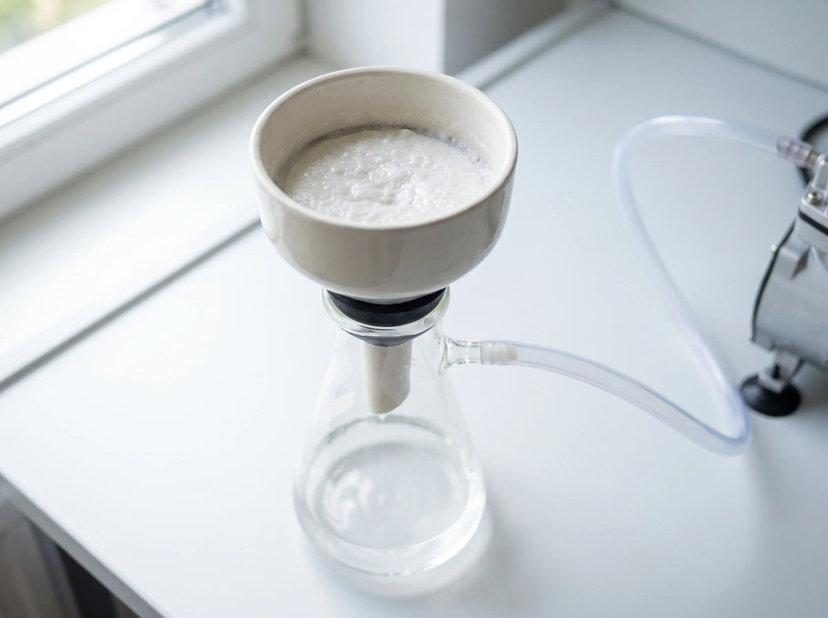 A porcelain Buchner funnel of white solid on a filter flask connected by tubing to a vacuum pump